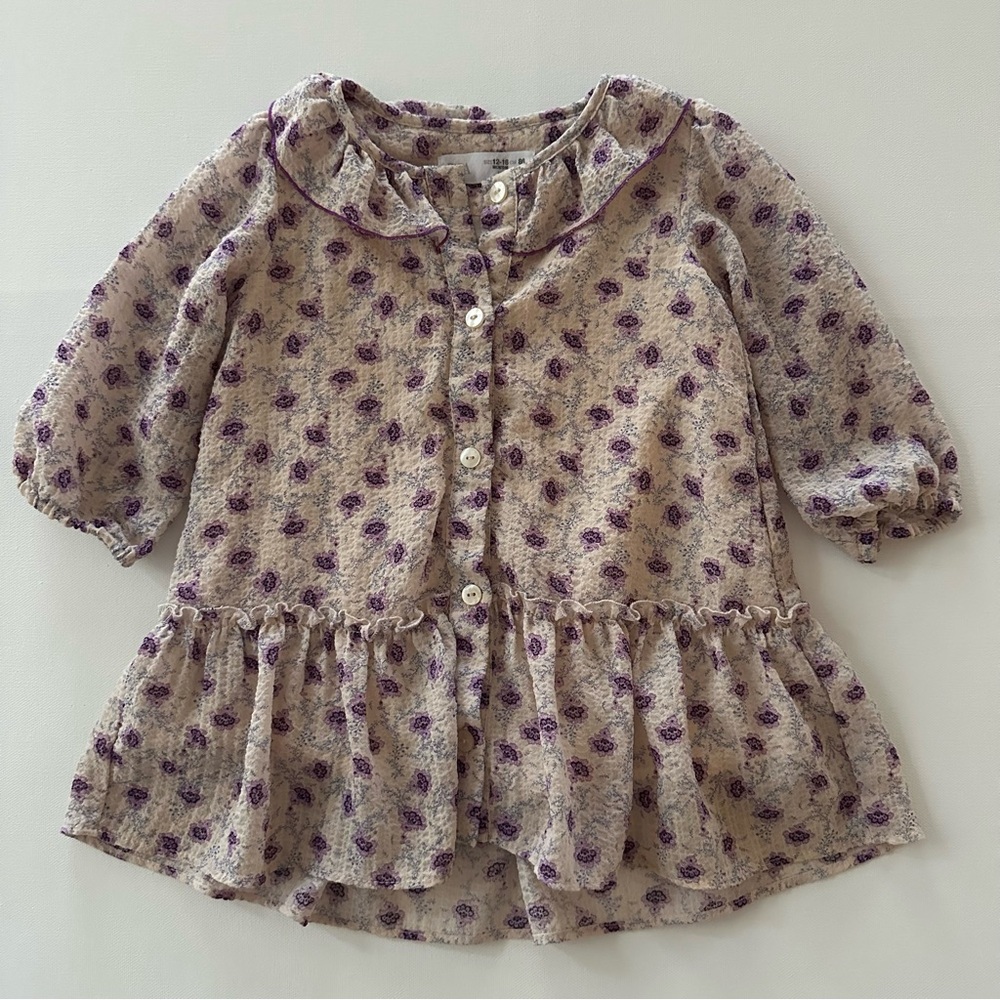 Zara 12-18 Months Baby Girl Floral Blouse Dress Purple Cream Ruffle